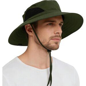Unisex Army Green 100%Polyester Wide Brim Mesh Vents With Chin Strap Fishing Hat